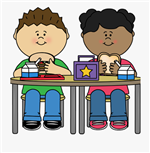 Two Cartoon Students Eating School Lunches at desk